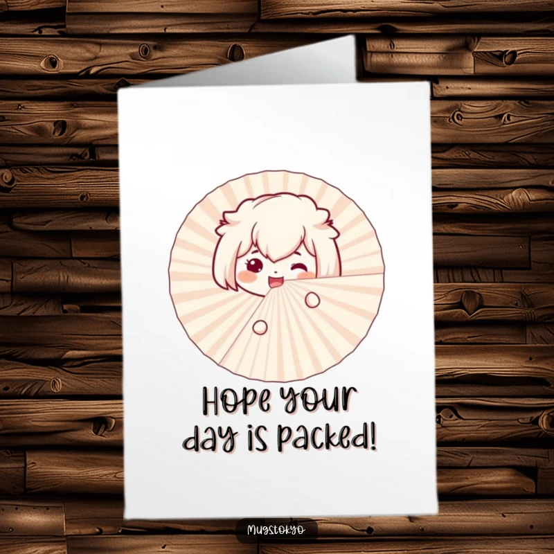 Funny Free Printable birthday card: A smiling bento box character peeking with excitement from behind a large paper fan.