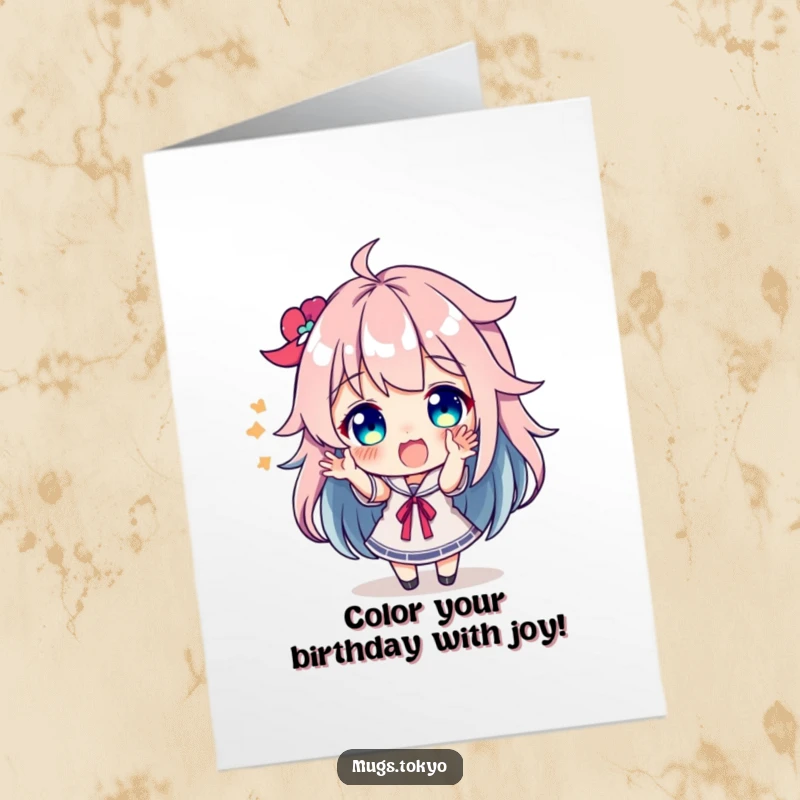 Funny free printable birthday card: Character with wild colorful hair gestures excitedly with a big smile.