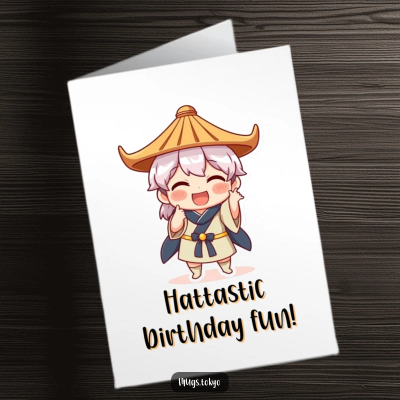 Funny Free Printable Birthday Card: Character in a traditional Japanese hat striking a hilariously awkward pose.