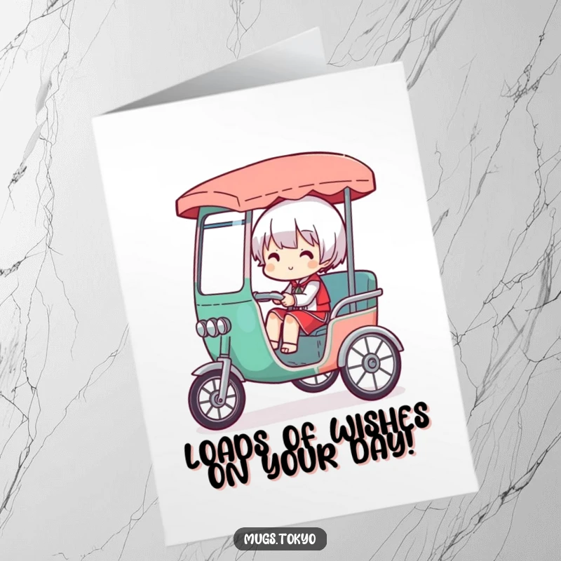 Funny Free Printable Birthday Card: A character comically overloaded in a tiny rickshaw, struggling but smiling bright.