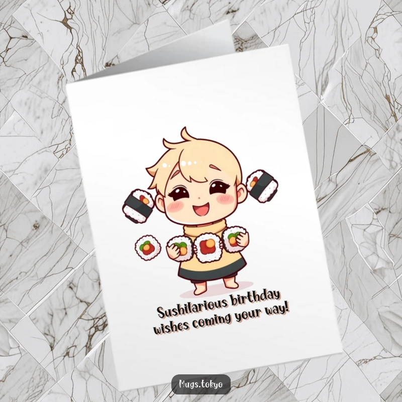 Funny Free Printable Birthday Card: Cute character gleefully juggling three tiny, delicious sushi rolls with a wide smile.