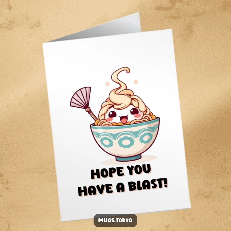 Funny Free Printable Birthday Card: A happy ramen bowl character with steam rising waves a tiny fan to cool itself.