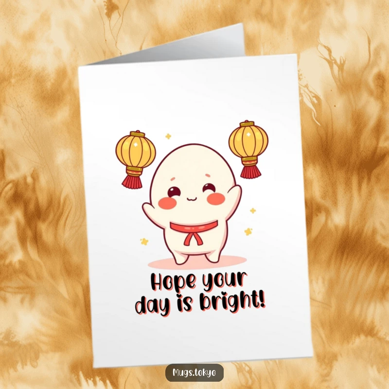 Funny Free Printable Birthday Card: A cheerful mochi character with rosy cheeks attempts to juggle multiple glowing lanterns.