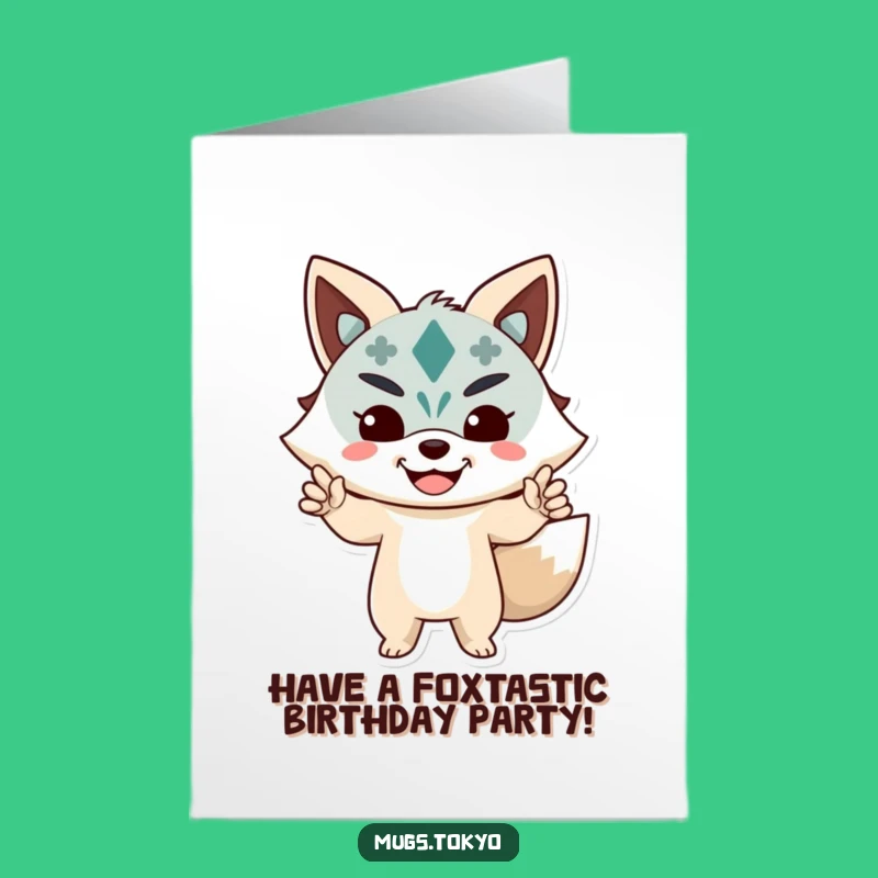 Free Printable Birthday Card: Playful Kitsune Mask Character for a Fun Celebration