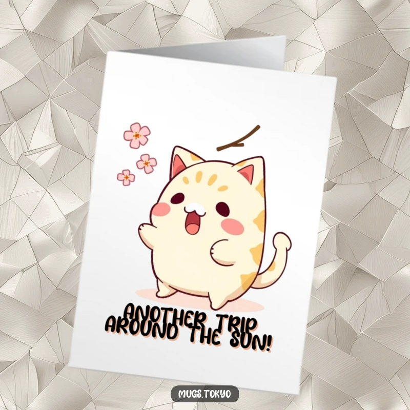 Funny Free Printable Birthday Card: A shocked taiyaki character with a wagging tail narrowly misses a falling cherry blossom.