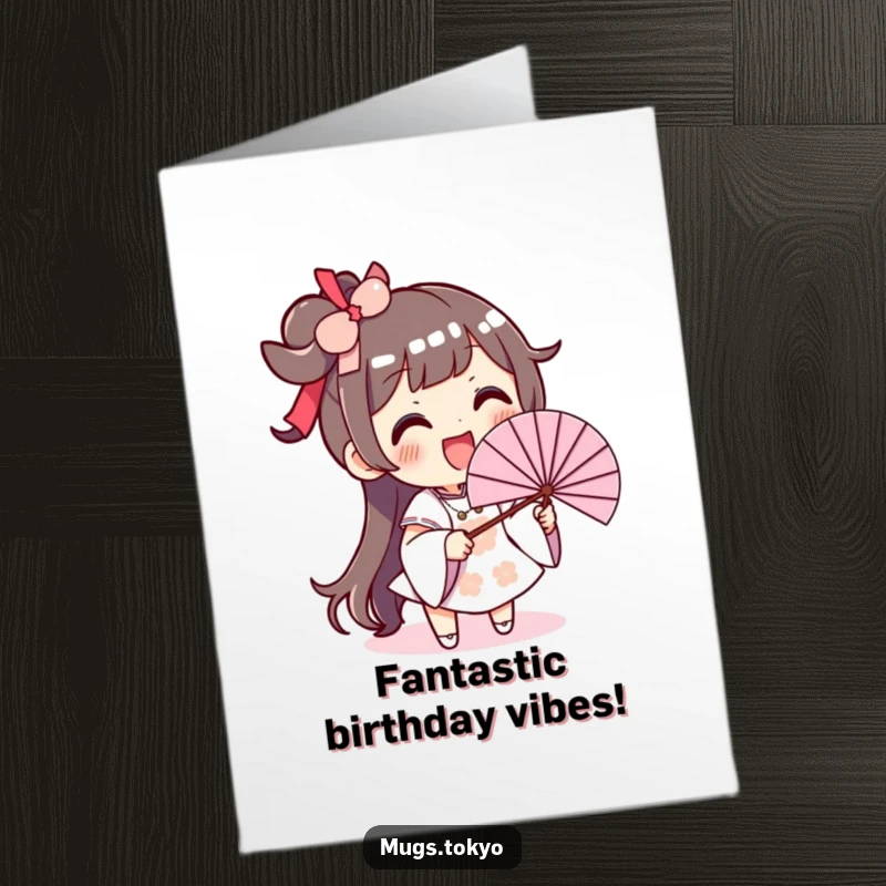 Funny Free Printable Birthday Card: a character excitedly waving an oversized fan with a huge smile, celebrating a birthday.