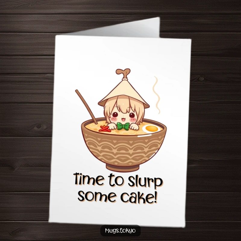 Funny Free Printable Birthday Card: Character in paper hat peeks from ramen bowl, wishing happy birthday.