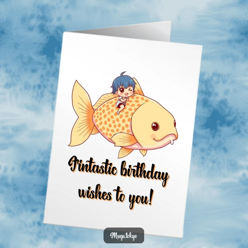 Funny Free Printable Birthday Card: A tiny character joyfully rides a colossal goldfish, bringing laughter and cheer.