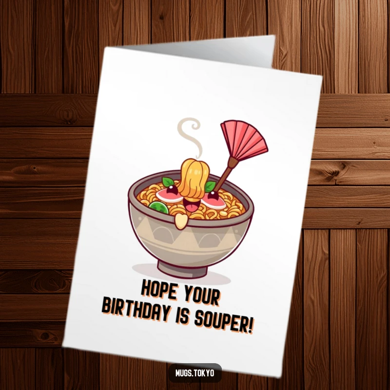 Funny free printable birthday card with a happy ramen bowl character fanning itself, sending cool birthday vibes.