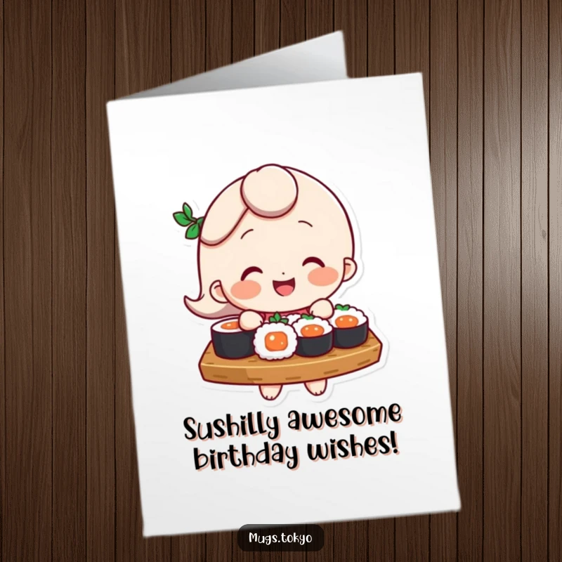 Funny Free Printable Birthday Card of a smiling character joyfully balancing a precarious tray of sushi, ready to party.