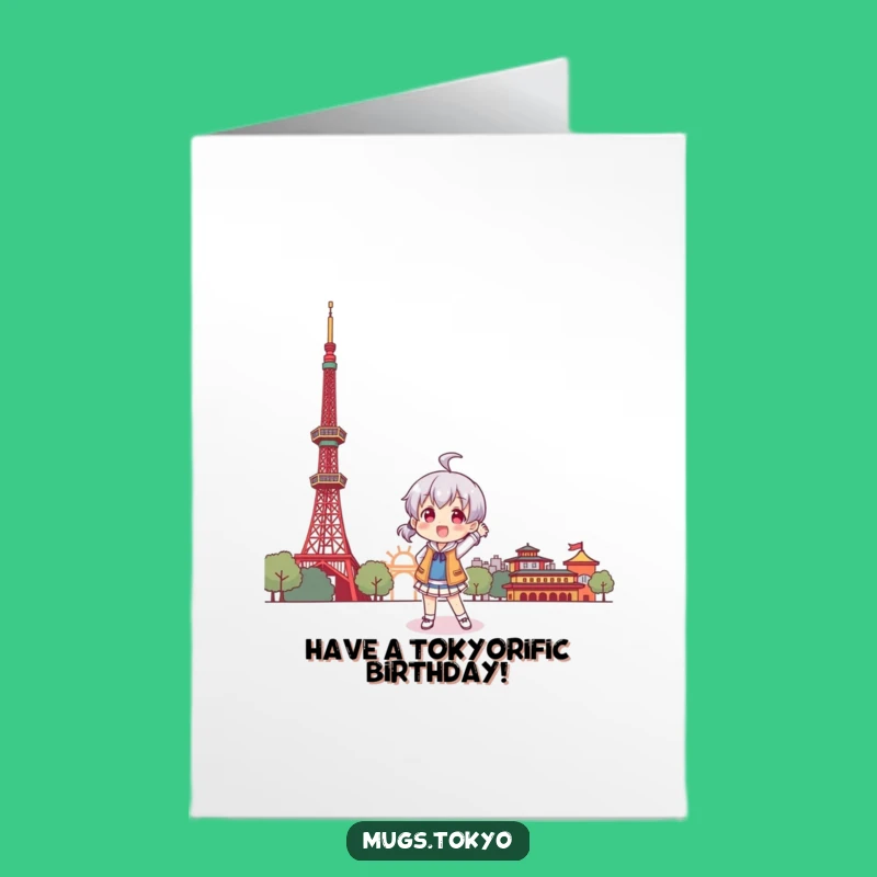 Free Printable Tokyo Tower Birthday Card: Character Poses Playfully - Fun Celebration!