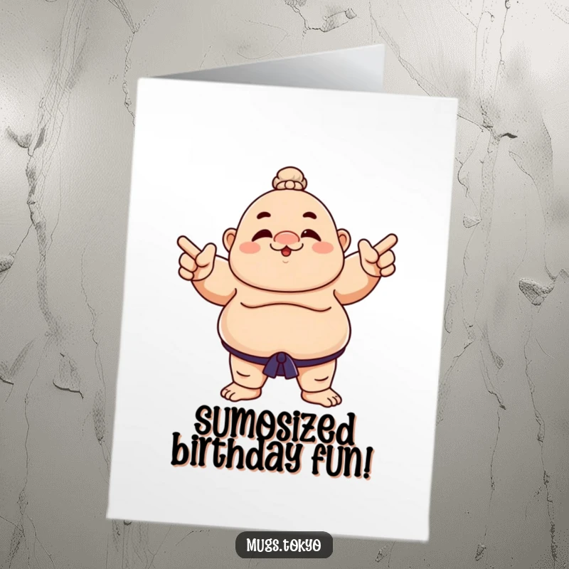 Funny Free Printable Birthday Card: Character in a sumo wrestler outfit playfully pointing, celebrating a special day.