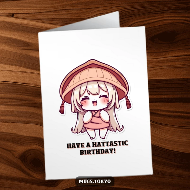 Funny Free Printable Birthday Card: Character in a traditional Japanese hat gives a playful wink, ready for birthday fun.