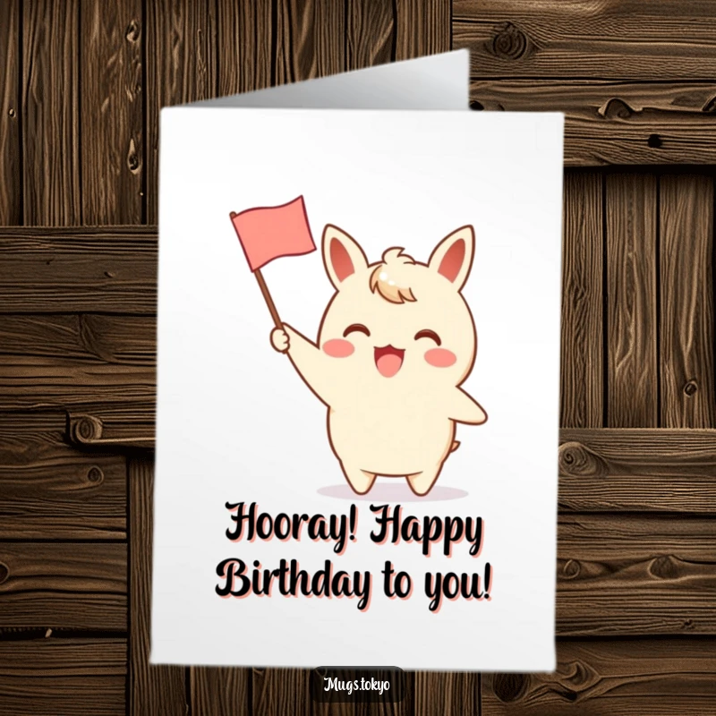 Funny Free Printable Birthday Card: Excited character joyfully waving a small paper flag. A cute, festive DIY gift.