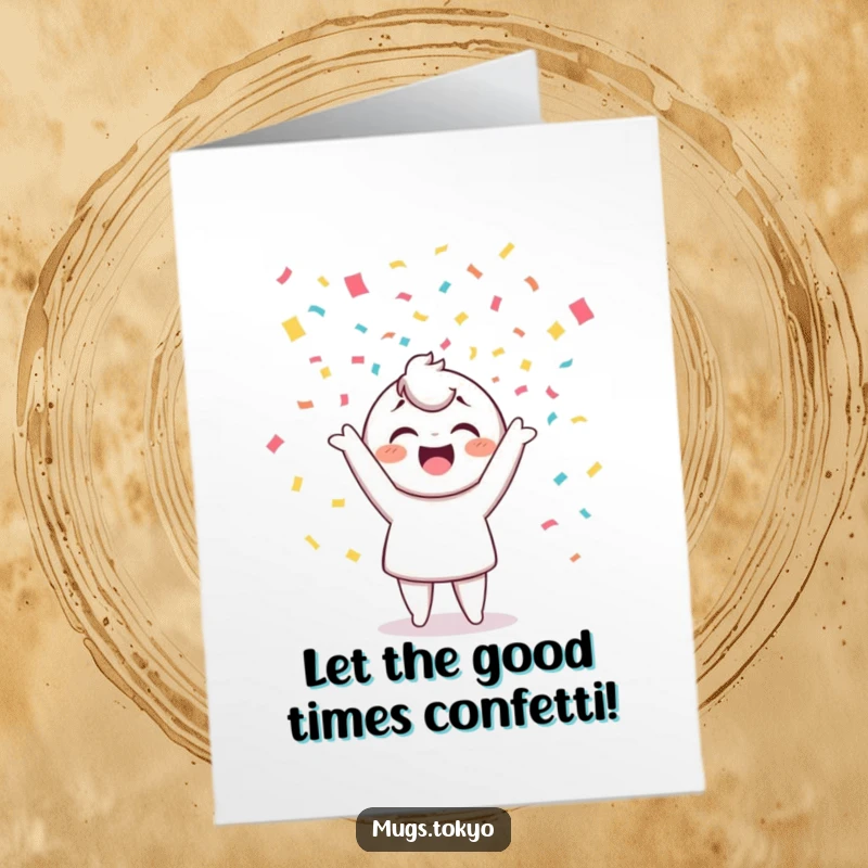 Funny free printable birthday card with a cheerful character joyfully tossing vibrant confetti into the air, spreading birthday excitement.