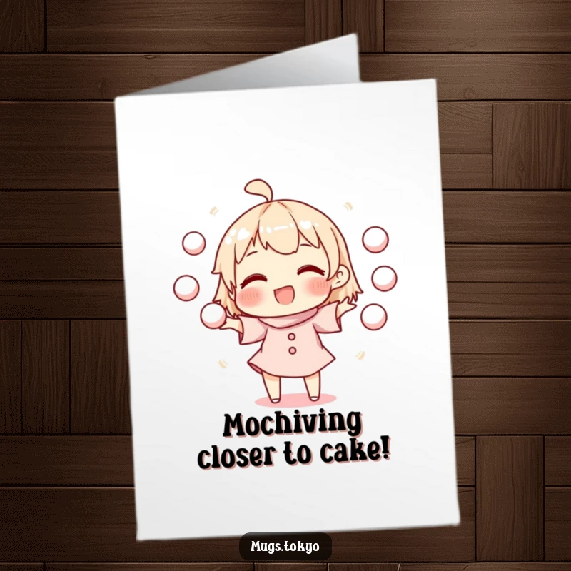 Funny Free Printable Birthday Card: Mochi character joyfully juggling round mochi balls, a delightful DIY gift.