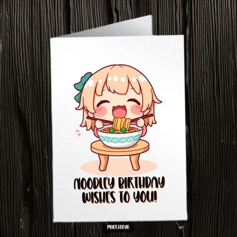 Funny Free Printable Birthday Card: A character enthusiastically devours a steaming bowl of noodles at a small table, celebrating with joy.