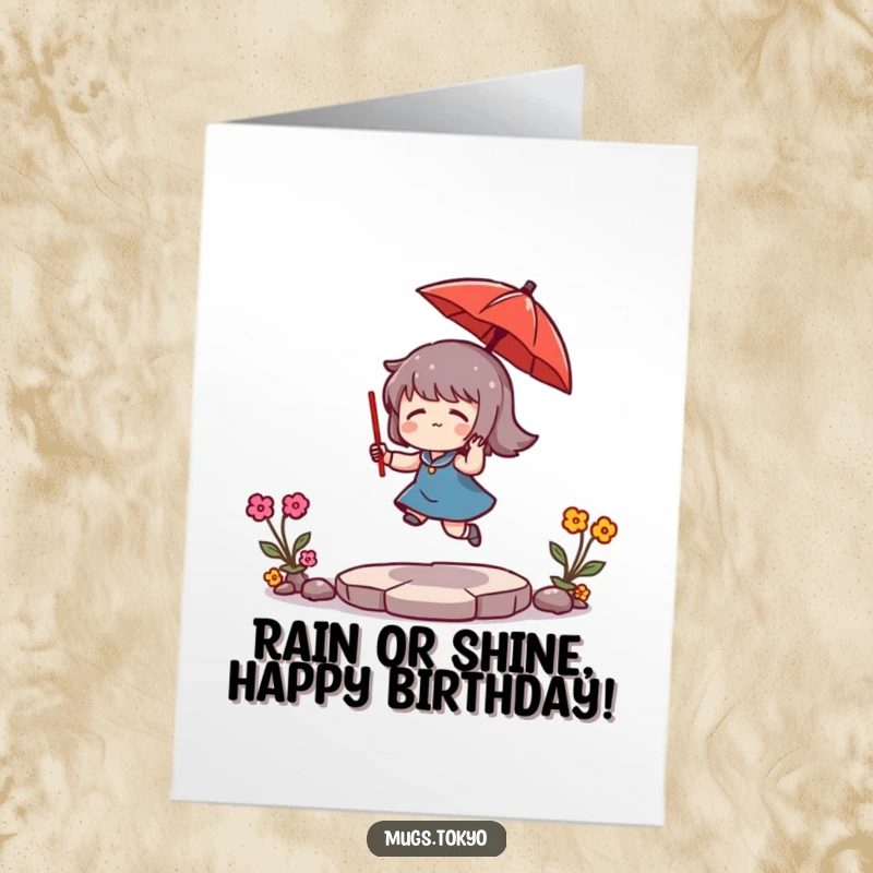 Funny Free Printable Birthday card of a cheerful character joyfully bouncing a tiny red umbrella, celebrating a special occasion.