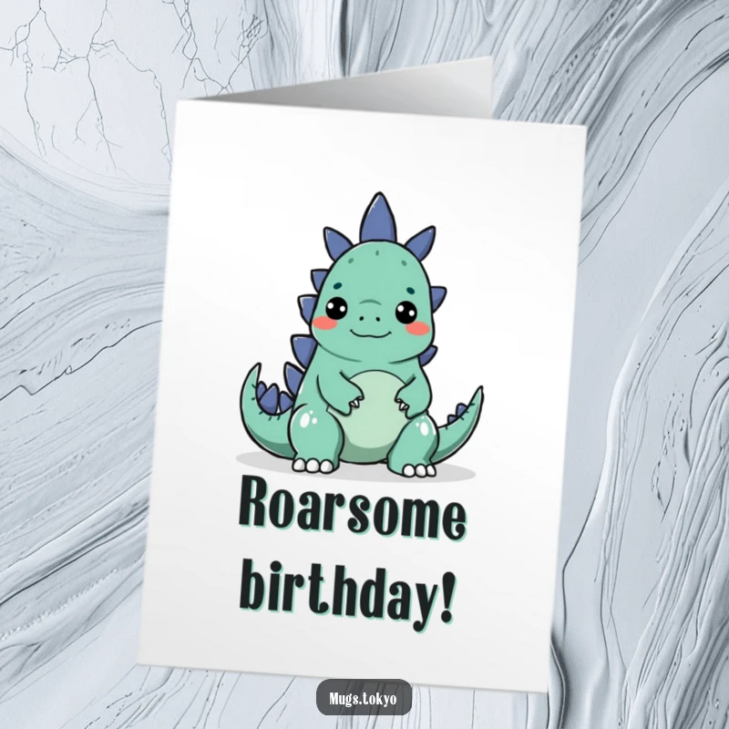 Funny Free Printable Birthday card where a character makes a silly face to surprise a small, cartoonish Godzilla, a playful encounter.