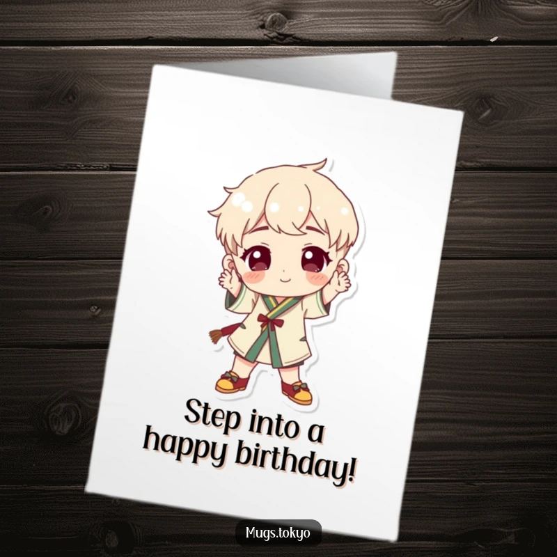 Funny free printable birthday card: Character in traditional footwear striking a playful and stylish pose.