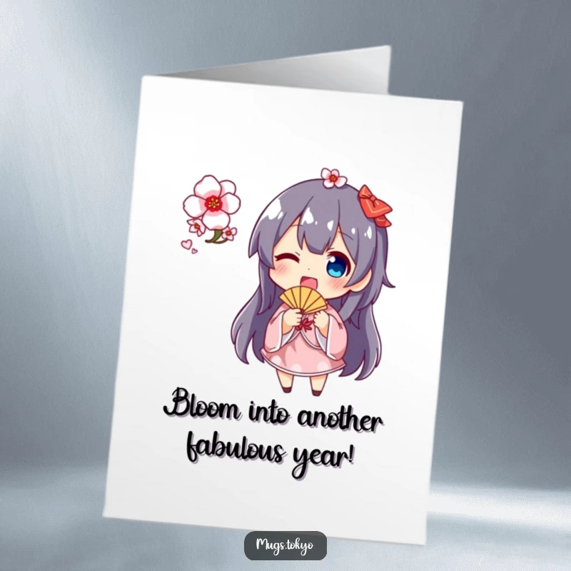 Funny Free Printable birthday card featuring a character joyfully waving a small fan amidst cherry blossoms, spreading festive cheer.