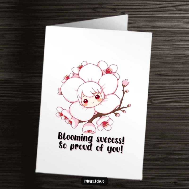 Funny Free Printable Congrats Card: Character peeking from a stylized cherry blossom, celebrating achievements. A sweet DIY gift.