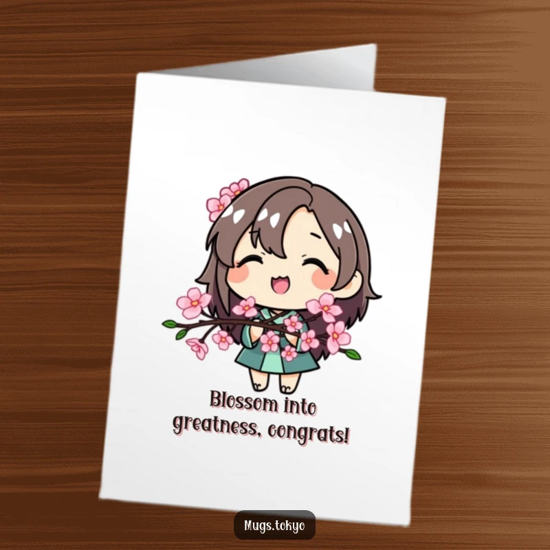 Funny Free Printable Congrats Card: A smiling character proudly presents a blooming cherry blossom branch, symbolizing new beginnings.