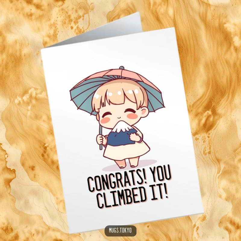 Funny Free Printable Congratulations Card: Giggling character holding a miniature Mount Fuji umbrella, spreading joy for any achievement.