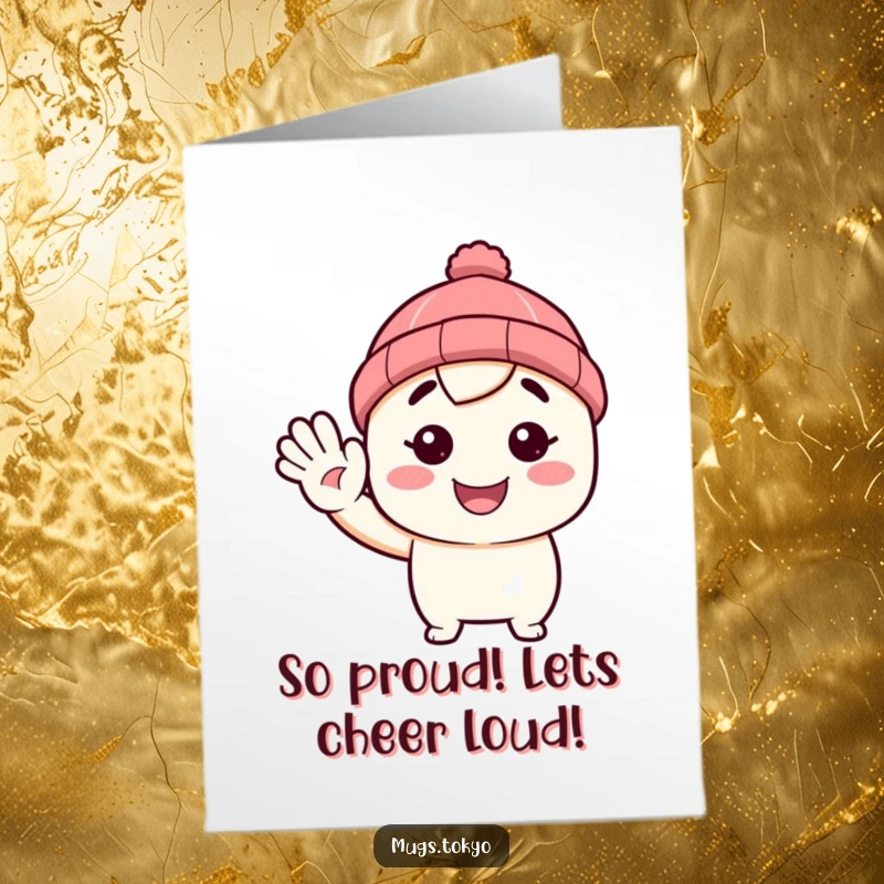 Funny Free Printable Congratulations Card: Happy Beanie Character Waving Hello, Celebrating Achievement