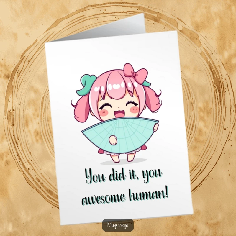 Funny Free Printable Congrats Card: Character with a giant fan, cheering enthusiastically. A humorous DIY gift for any occasion.