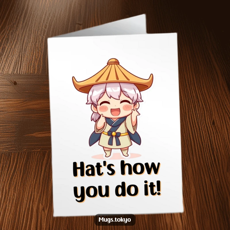 Free Printable Congratulations Card: Character in a traditional Japanese hat striking a funny celebratory pose.