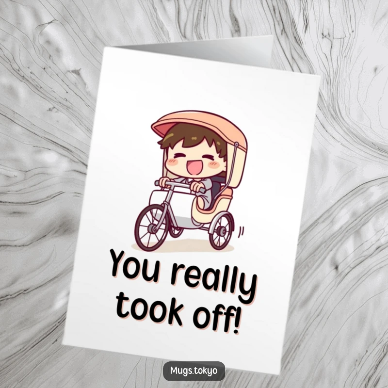 Funny Free Printable Congratulations Card: A joyful character speeds downhill in a rickshaw, celebrating a huge win.