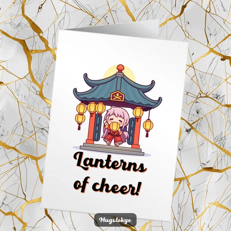 Funny Free Printable Congratulations Card: a character juggling glowing lanterns under a temple roof, celebrating achievement.