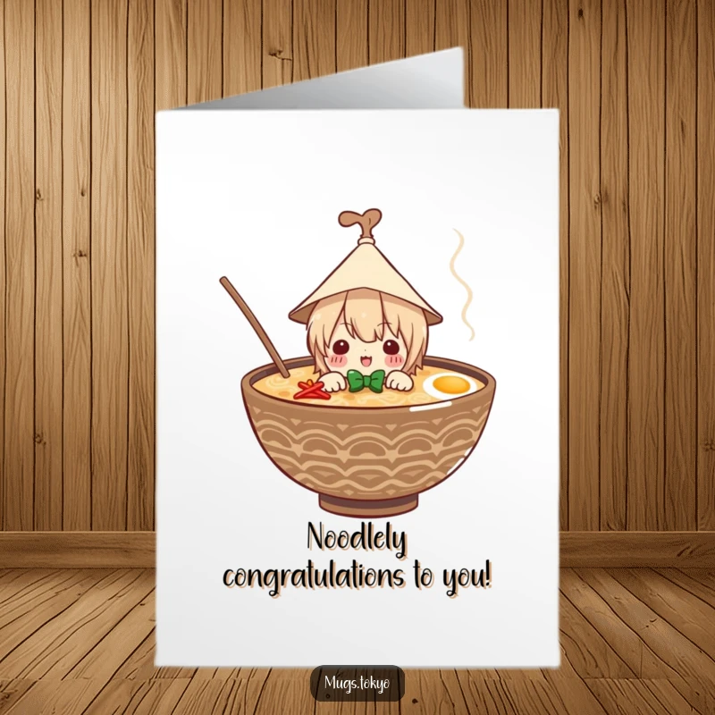 Funny Free Printable Congratulations Card: Character in paper hat peeks from ramen, celebrating your success.