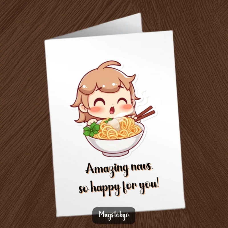 Funny Free Printable Congratulations Card: Character looking surprised at a steaming bowl of noodles, a delightful surprise.
