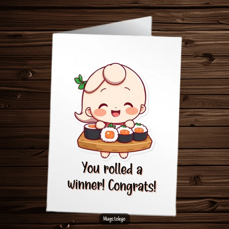 Funny Free Printable Congratulations card with a character expertly balancing a sushi tray, celebrating a big win with a smile.