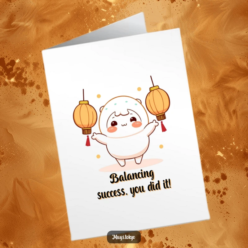 Funny free printable congratulations card featuring a rosy-cheeked mochi character skillfully juggling illuminated lanterns.