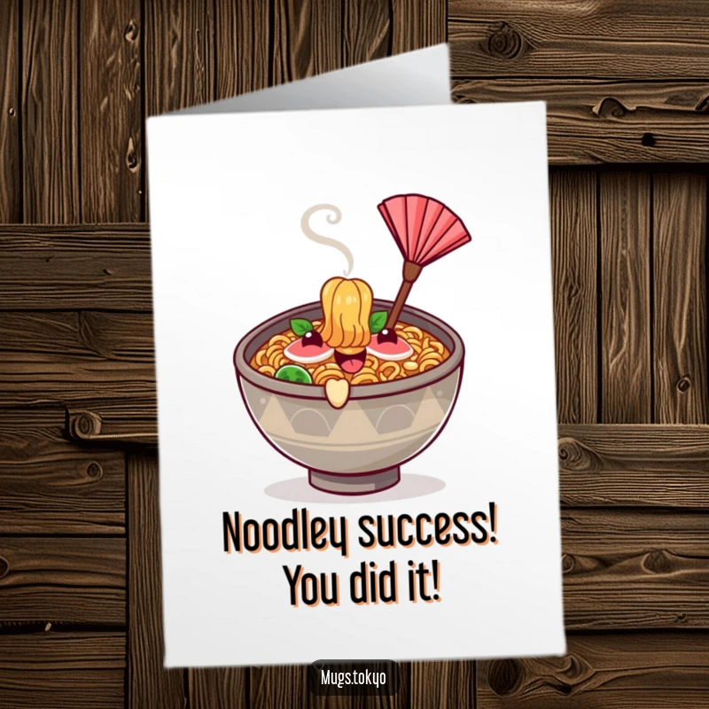 Funny free printable congratulations card featuring a happy ramen bowl character fanning away the heat of success.
