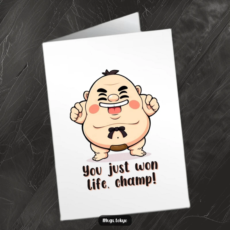Funny Free Printable Congratulations Card: Sumo wrestler in a triumphant pose, celebrating a major win with glee.