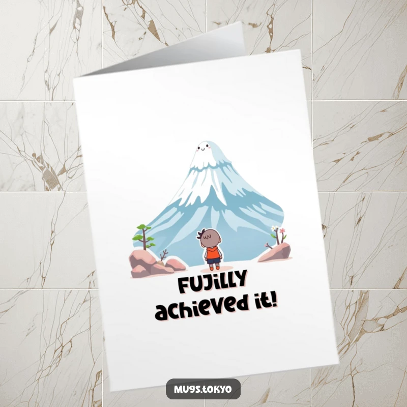 Free Printable Congratulations Card: Character looking up in wonder at a smiling Mount Fuji, celebrating a big win.