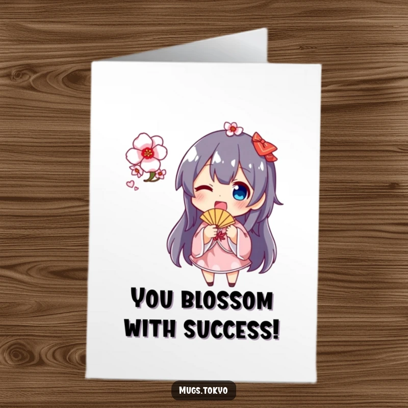 Funny Free Printable congratulations card showing a character energetically waving a fan adorned with cherry blossoms, celebrating success adorably.