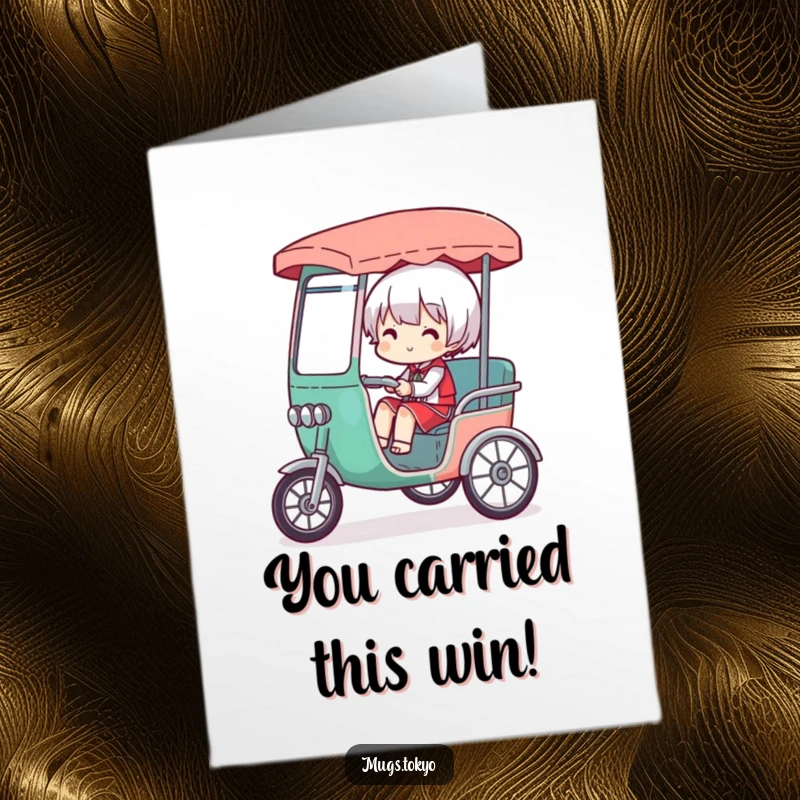 Funny Free Printable Congratulations Card: Character hilariously overloaded in a tiny rickshaw, signifying a major accomplishment.