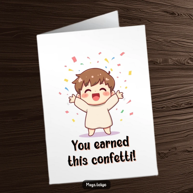 Funny Free Printable Congrats Card: Happy character joyfully throwing a shower of colorful confetti, expressing delight.