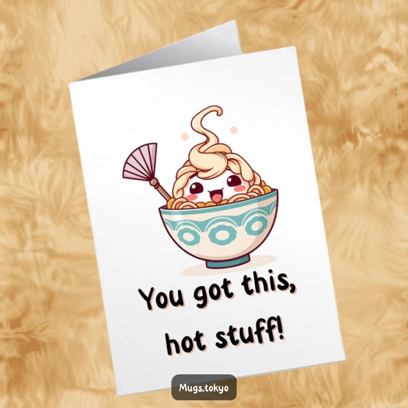 Funny Free Printable Congrats Card: A happy ramen bowl character exhales steam and waves a tiny fan, looking cool.