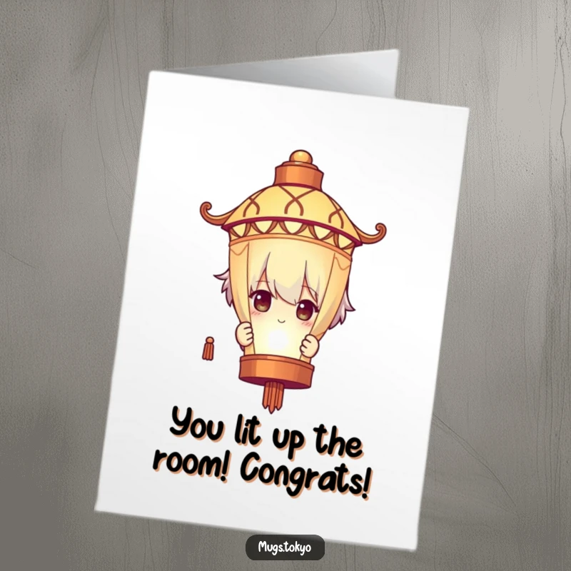 Funny Free Printable Congratulations card of a character peeking mysteriously from behind a luminous lantern, celebrating a hidden achievement.