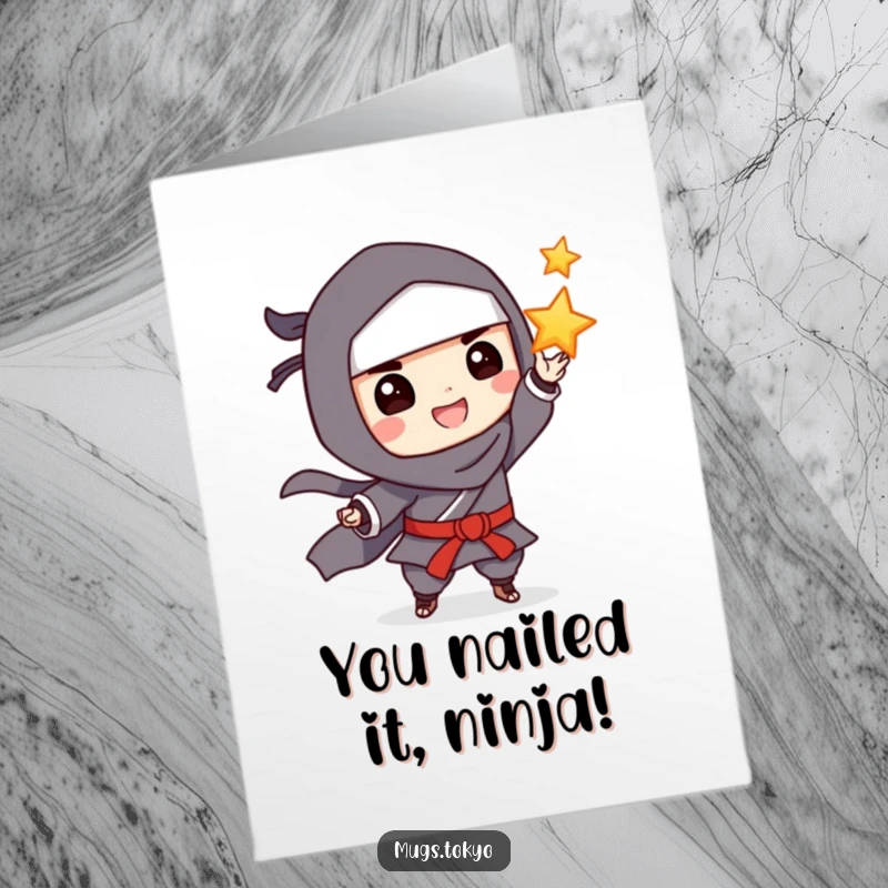 Funny Free Printable Congrats Card featuring a smiling ninja character in stealthy attire, playfully tossing a throwing star.