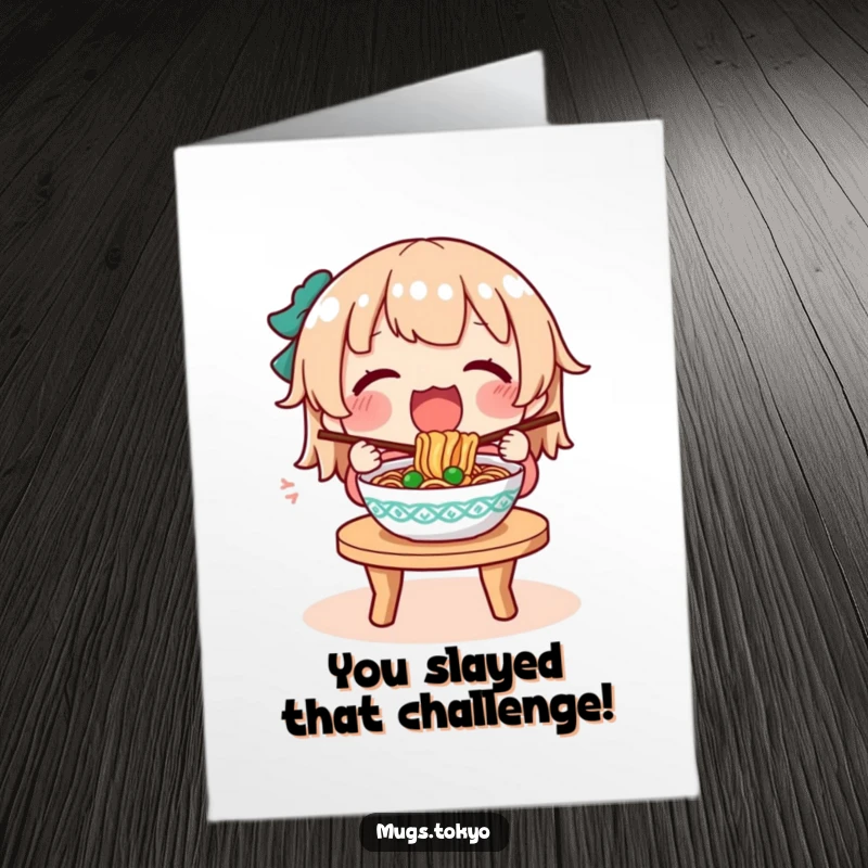 Funny Free Printable Congratulations Card: A character joyfully slurping noodles from a steaming bowl, celebrating a well-deserved success.