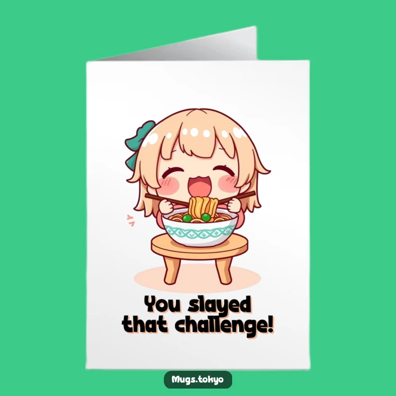 Free Printable Noodle Congrats Card: Character Celebrates with a Steaming Bowl - Download Now!