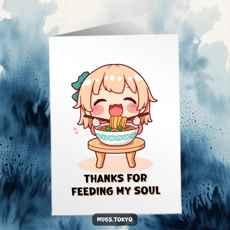Funny Free Printable Thank You Card: A character happily eats a steaming bowl of noodles, expressing gratitude with a contented smile.