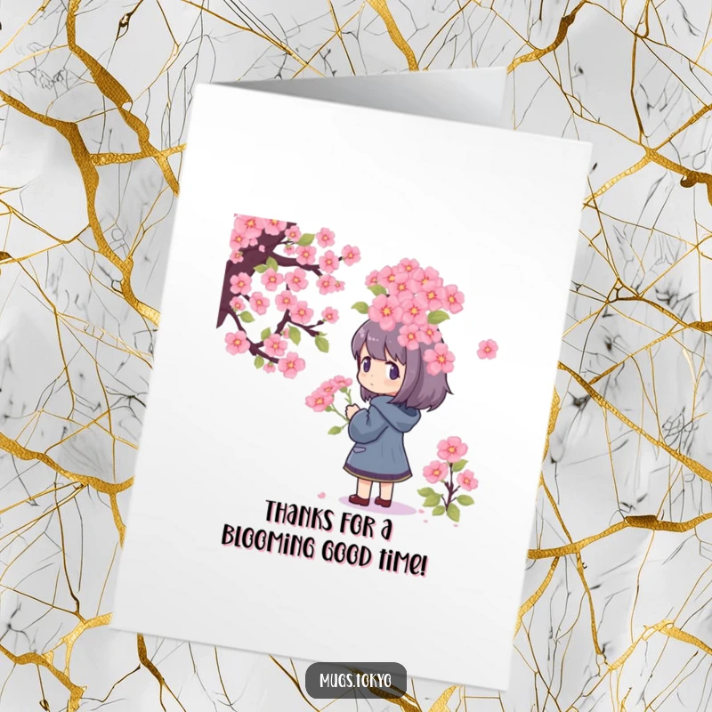 Funny Free Printable Thank You Card: Character looking admiringly at a large, pixelated bouquet of cherry blossoms.